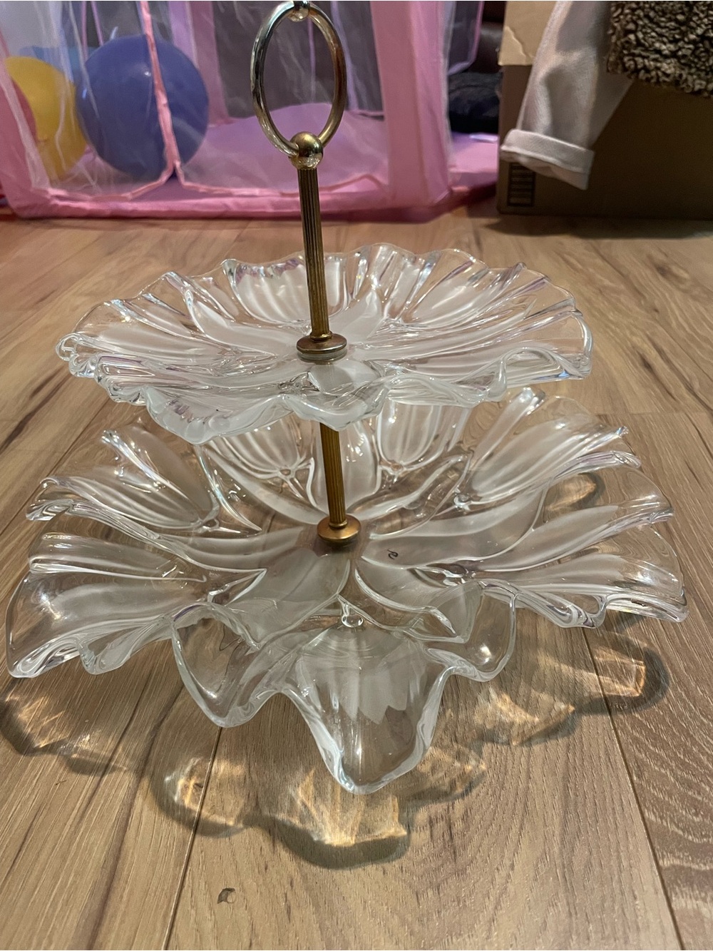 Two-Tier Clear Glass Serving Stand with Brass Handle